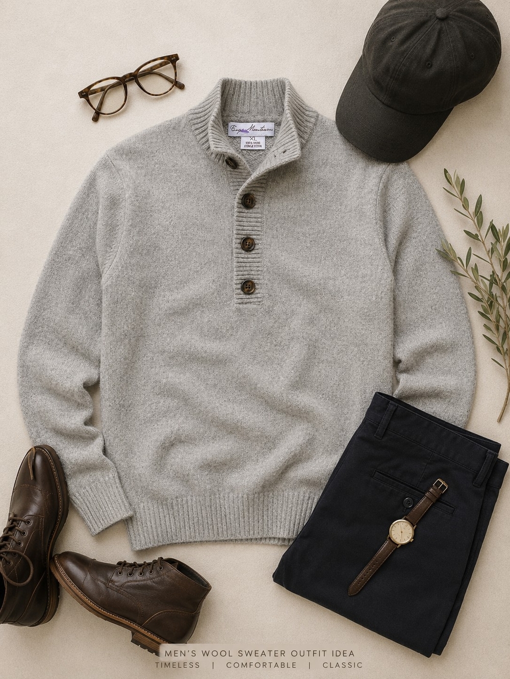 Enzo Mintovani 100% Wool Sweater Men's Gray Button-Neck Sweater